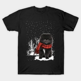 Christmas Black Pomeranian With Scarf In Winter Forest T-Shirt